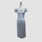 Puff Sleeve Asymmetric Gathered Bias-Cut Midi Dress