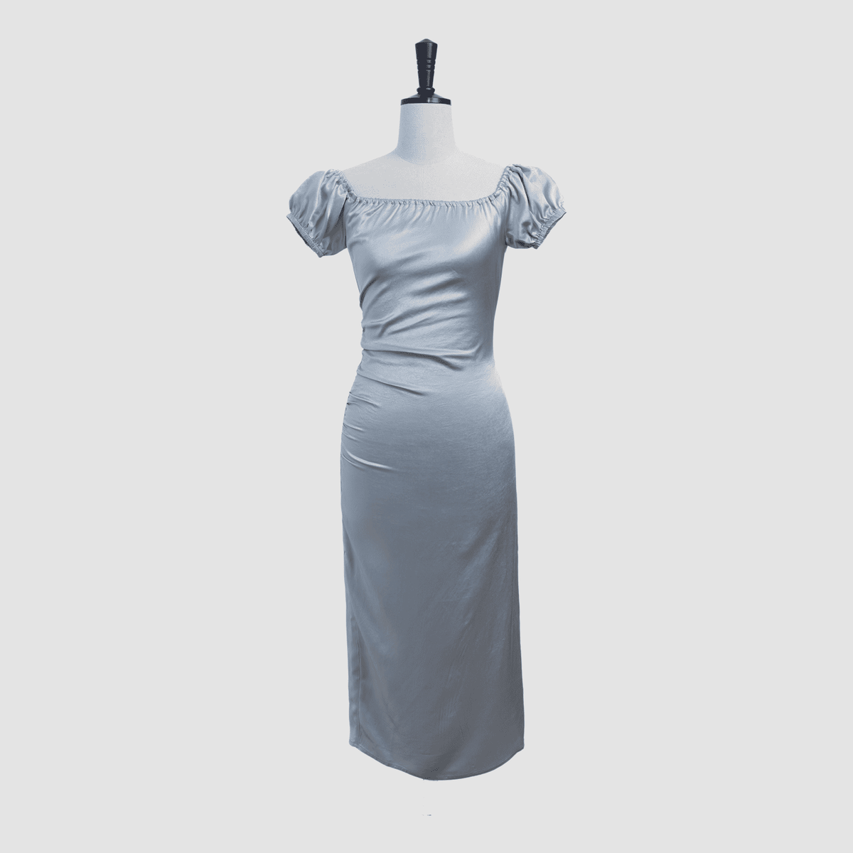 Puff Sleeve Asymmetric Gathered Bias-Cut Midi Dress