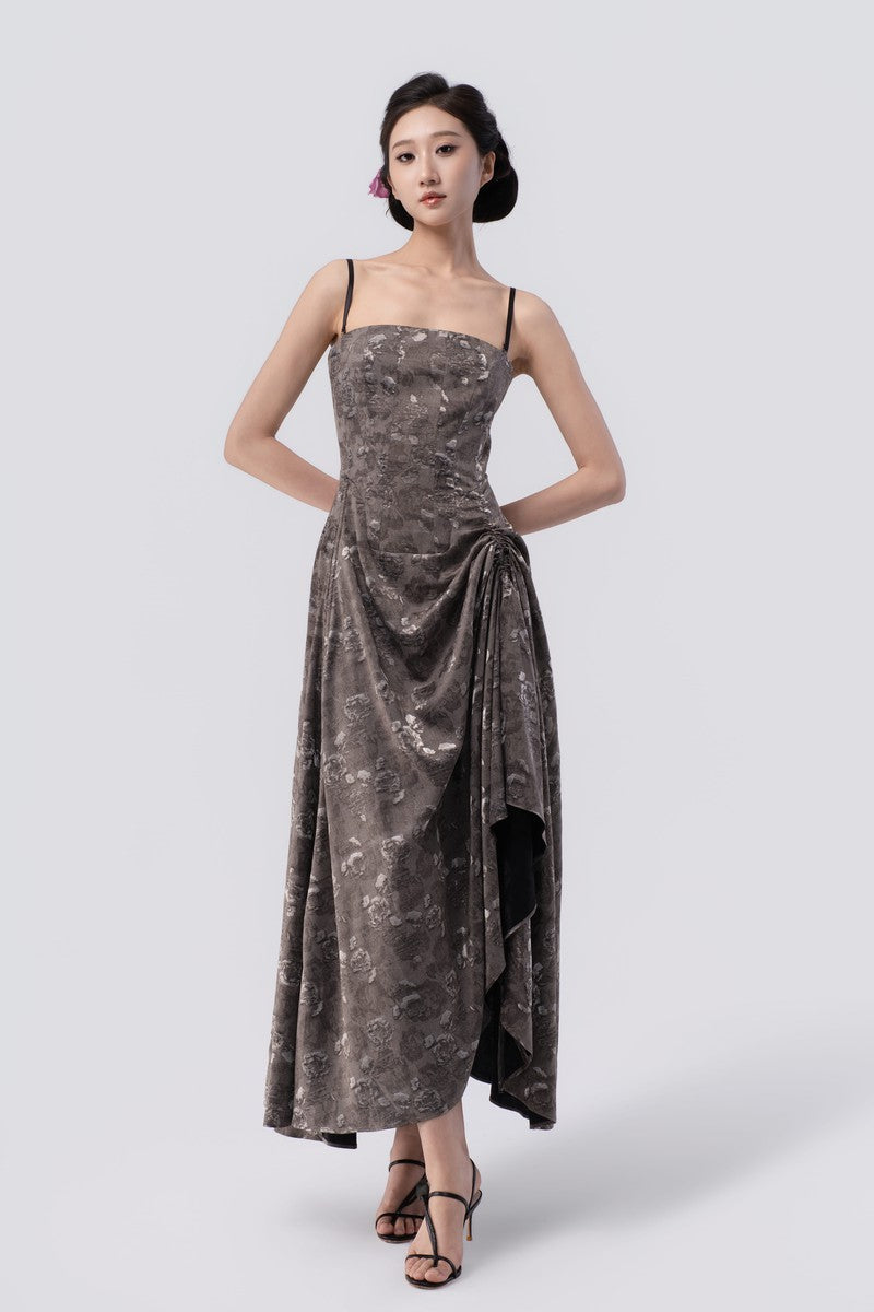 Self-Adjustable Double-Side Gathered Tea-Length Dress