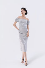 Puff Sleeve Asymmetric Gathered Bias-Cut Midi Dress
