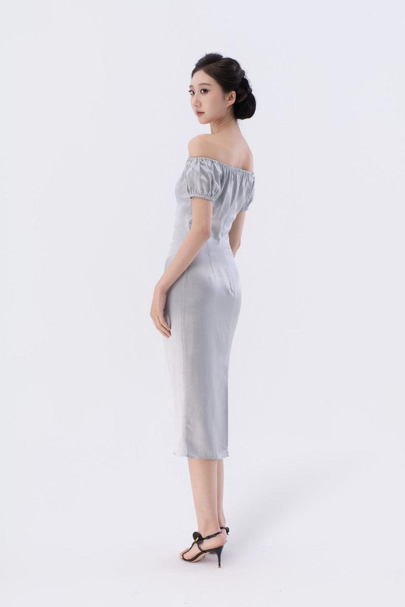 Puff Sleeve Asymmetric Gathered Bias-Cut Midi Dress