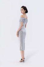 Puff Sleeve Asymmetric Gathered Bias-Cut Midi Dress