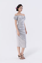 Puff Sleeve Asymmetric Gathered Bias-Cut Midi Dress