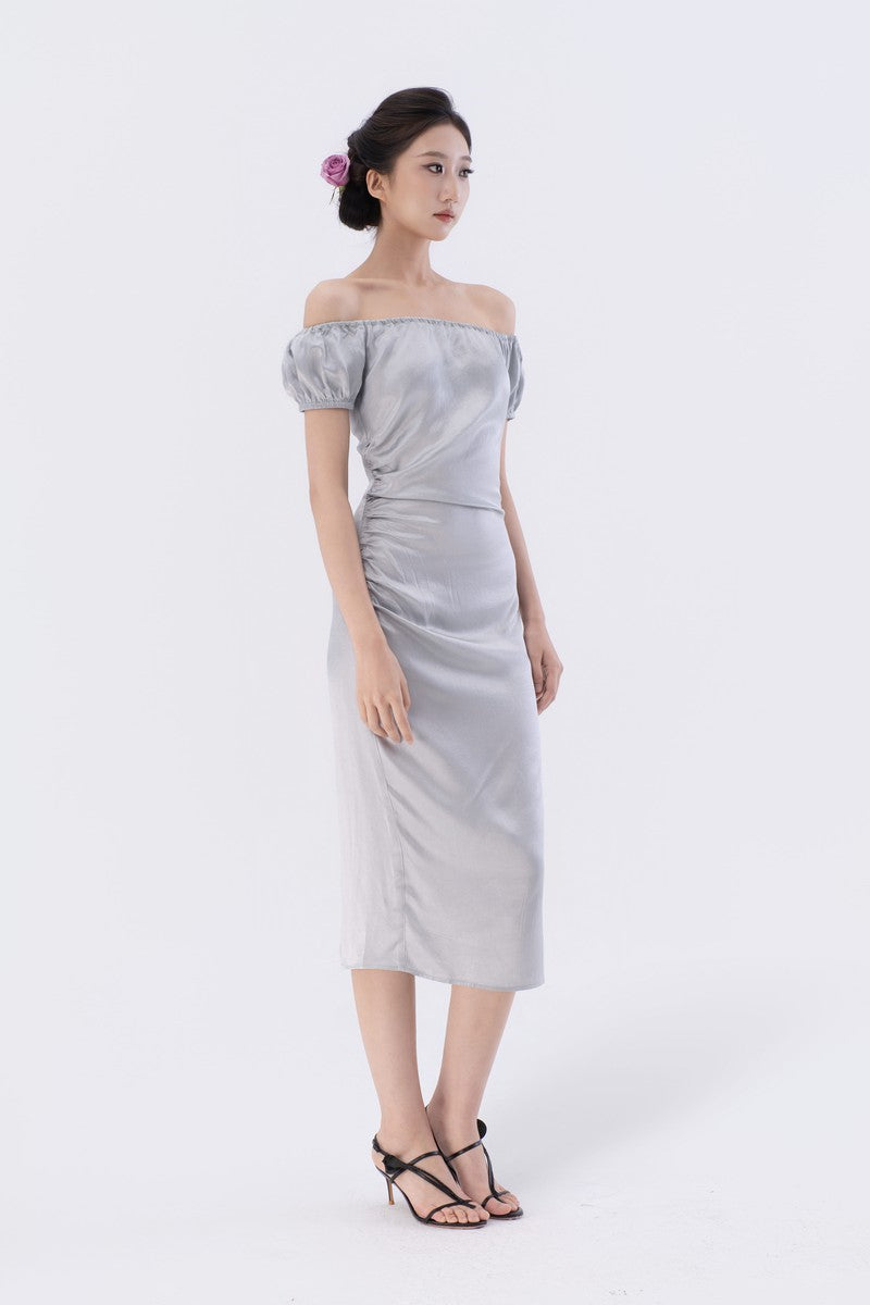 Puff Sleeve Asymmetric Gathered Bias-Cut Midi Dress