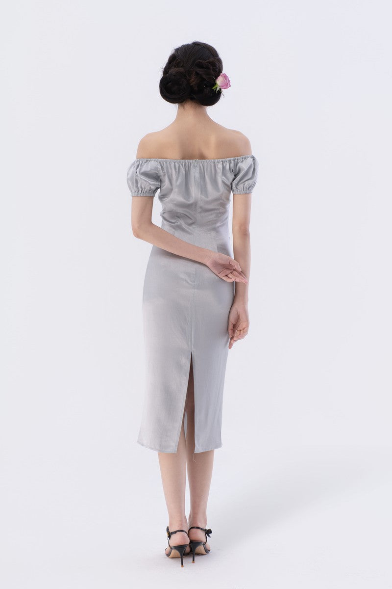 Puff Sleeve Asymmetric Gathered Bias-Cut Midi Dress
