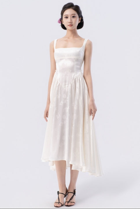 Back Tied Double-Layered Asymmetric Flared Tea-Length Dress