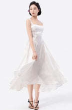 Back Tied Double-Layered Asymmetric Flared Tea-Length Dress