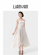 Back Tied Double-Layered Asymmetric Flared Tea-Length Dress