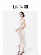 Back Tied Double-Layered Asymmetric Flared Tea-Length Dress