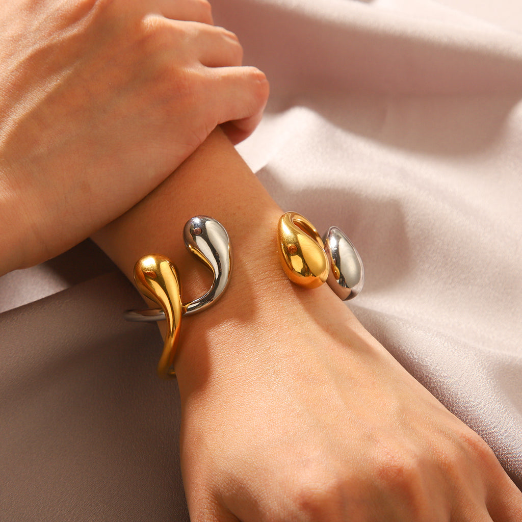 WaterDrop designer Open Cuff Bracelet – 18K Gold & Silver Statement Bangle