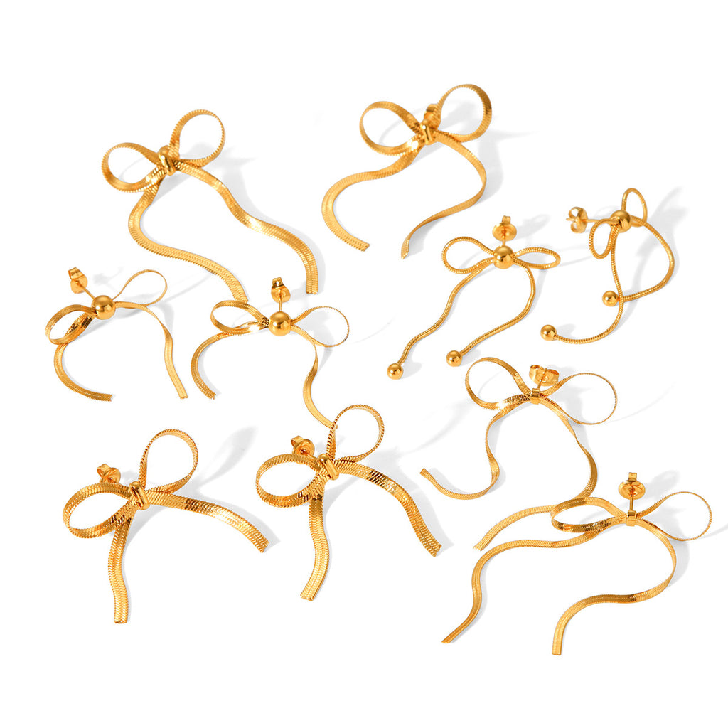 Gold Bow Statement Earrings – 18K Plated Snake Chain Stud Collection