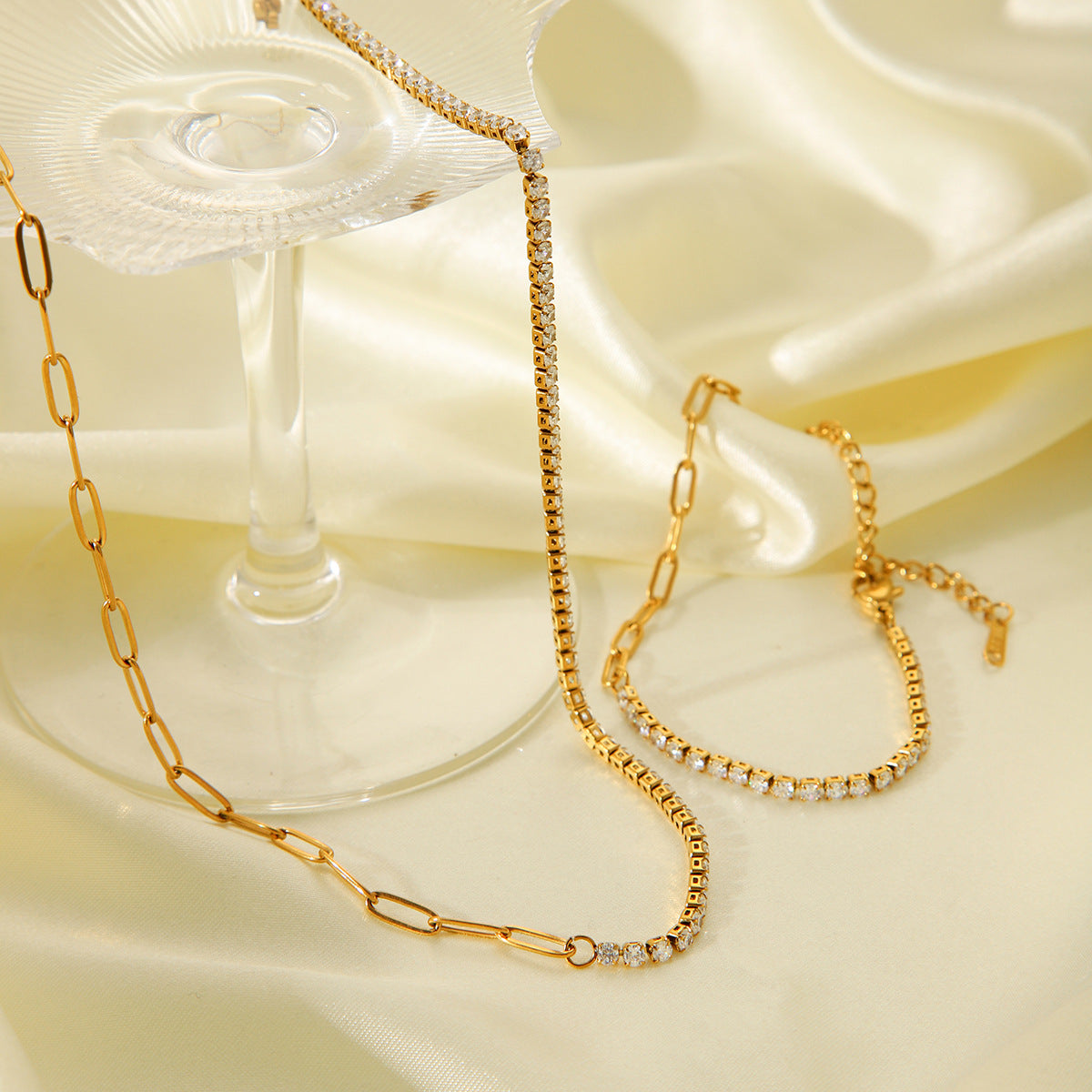 18K Plated Gold Layered Tennis & Link Chain Necklace
