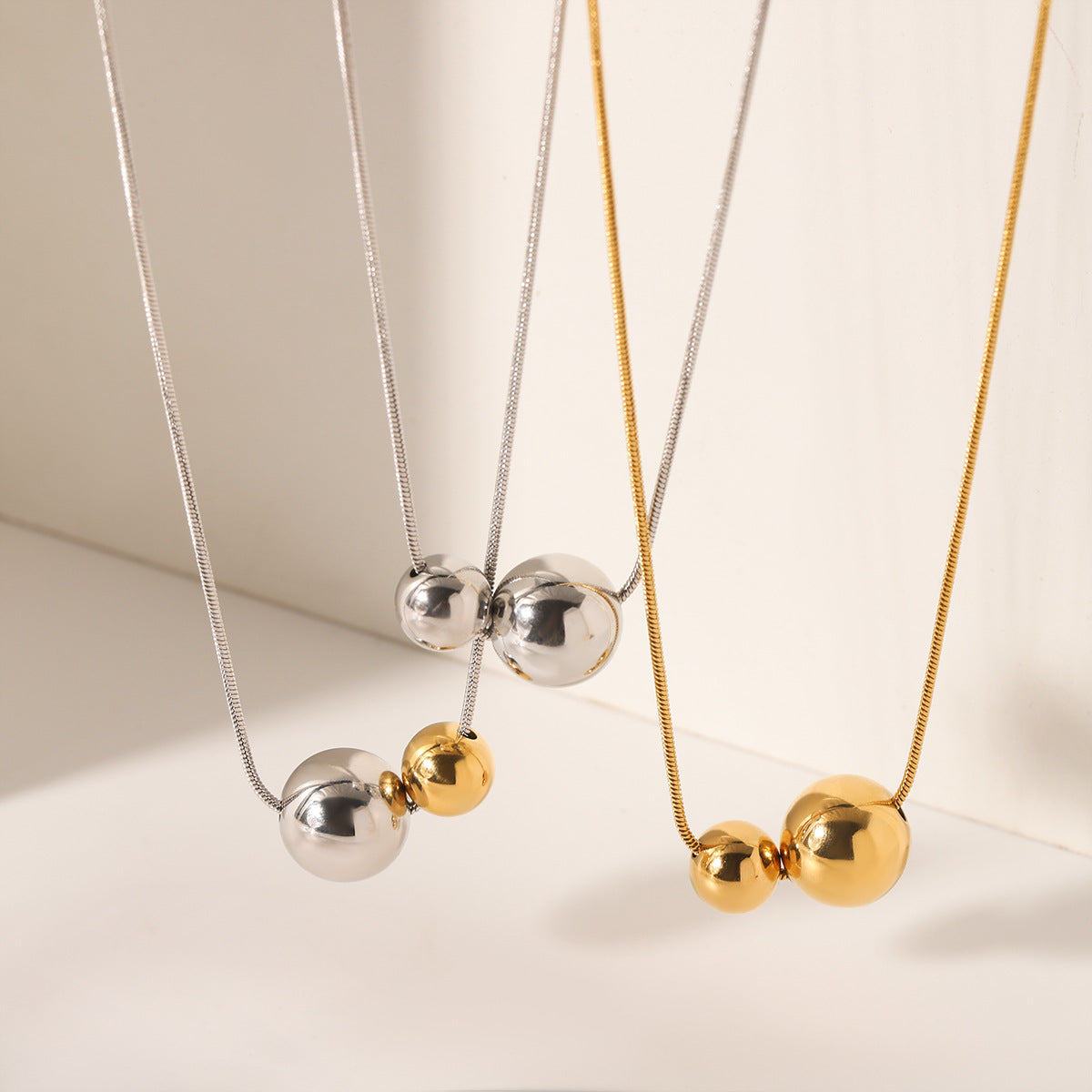 Dual Ball Pendant Necklace – Minimalist Snake Chain